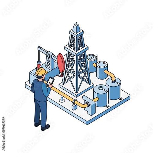 Isometric illustration of an industrial energy production site, depicting a worker monitoring complex oil and gas extraction operations with modern digital technology