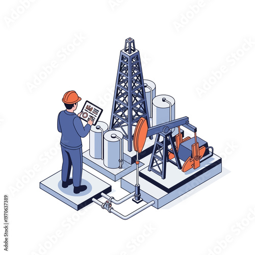 Isometric illustration of an engineer inspecting an oil drilling operation with pumps and storage tanks on a white background