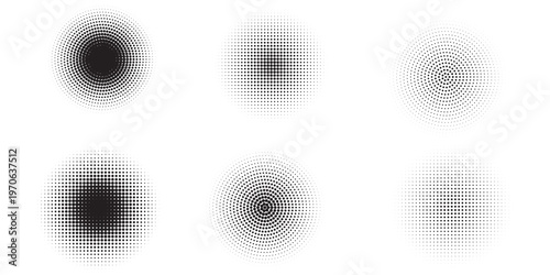 PrintSet of halftone dots gradient pattern texture isolated on white background. Straight dotted spots using halftone circle dot raster texture. Vector blot half tone collection.