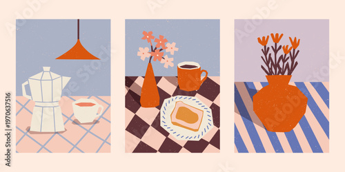Cozy morning coffee and bread poster bundle. Warm vintage food and beverage poster set.