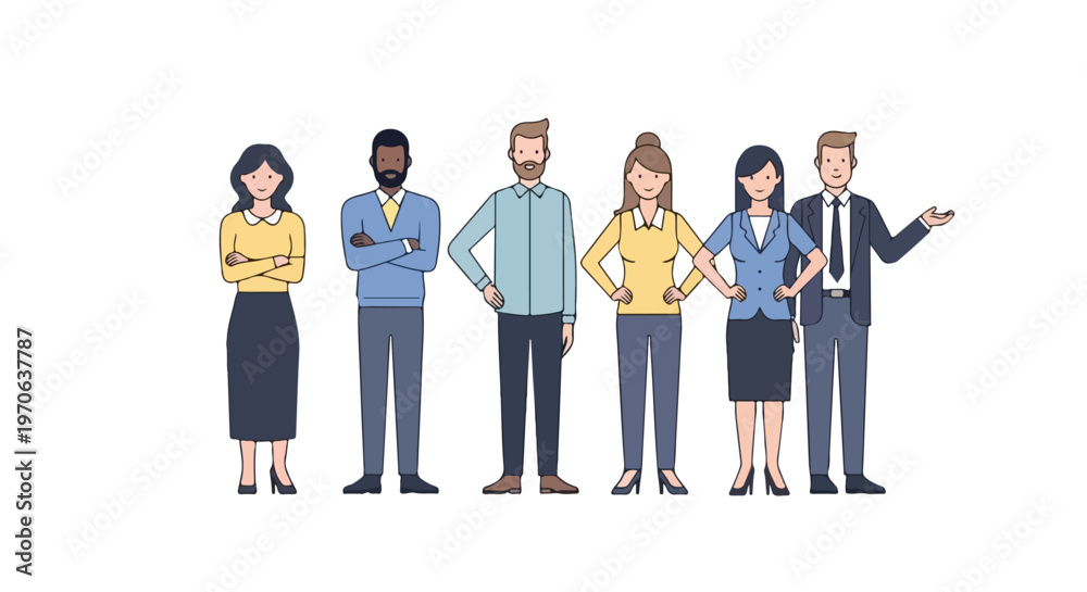 Obraz premium A vector illustration featuring a diverse group of six business professionals standing side-by-side in a row on a plain white background.