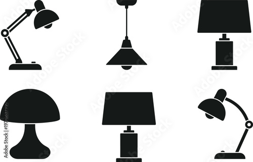 Lamp silhouette illustration, desk lamp icon, pendant light artwork, table lamp design, modern lighting graphic, decorative fixture symbol, home interior decor