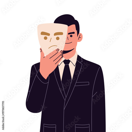 Photos Flat vector of people holding theatrical masks to represent emotions, identity, and dual personality