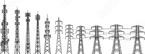 Communication transmission tower illustration, antenna pylon artwork, electrical power line icon design, steel lattice structure graphic, telecom energy system emblem