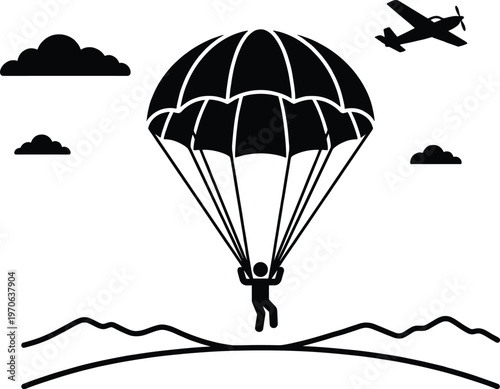 Parachuting skydiver silhouette illustration, adventure sport artwork, extreme activity design, airplane jump graphic, outdoor descent icon, mountain landscape sky scene
