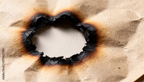 Burnt Hole in Paper: A close-up shot captures the aftermath of fire, revealing a charred hole in a sheet of aged paper, evoking themes of destruction, transformation, and the passage of time.