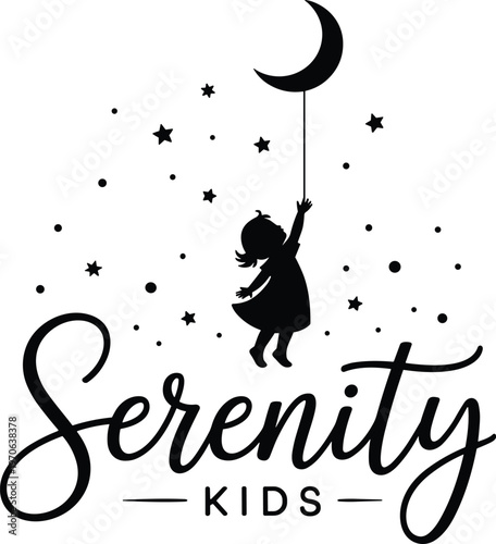 Serenity Kids logo illustration, child moon silhouette artwork, dreamy night sky design, star lantern graphic, playful brand symbol, calm emblem