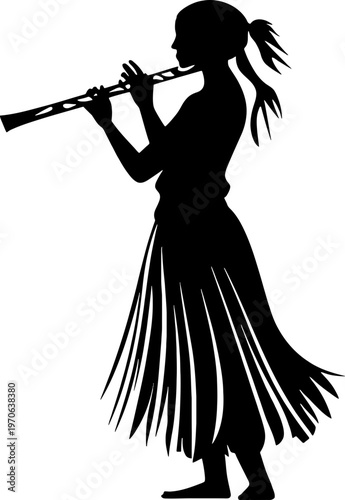 Native Musician Playing Woodwind Instrument in Silhouette Isolated on White