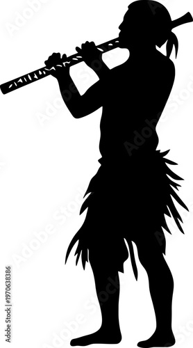 Native Musician Playing Woodwind Instrument in Silhouette Isolated on White