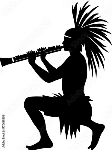 Native Musician Playing Woodwind Instrument in Silhouette Isolated on White