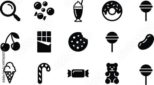 Set, of, dessert, icons, candy, donut, lollipop, chocolate, ice, cream, cookie, cherries, milkshake, jelly, bean, gummy, bear, vector, silhouette, collection