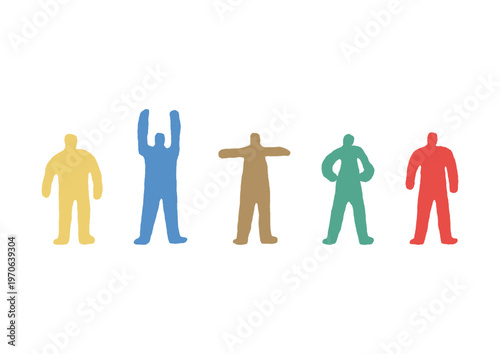 色々なポーズをとっているカラフルなマネキンのゆるい手描きイラストセット