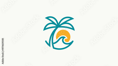 Minimalist Beach Logo with Palm Tree Sun and Wave