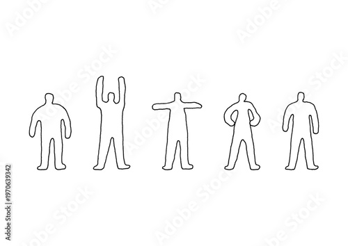 色々なポーズをとっているマネキンのゆるい手描きイラストセット（線画）