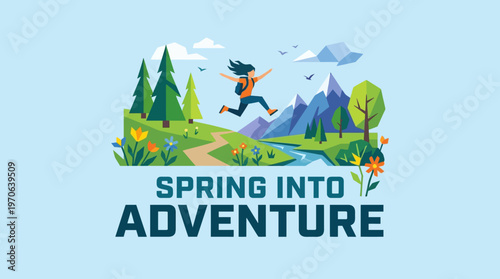 Spring Adventure Woman Jumping in Nature Landscape