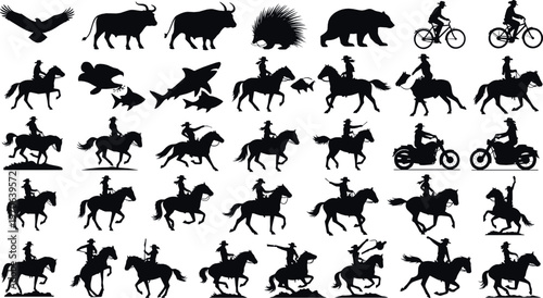 Cowboy Silhouettes in Action with Animals and Vehicles, Black and White Line Art Collection