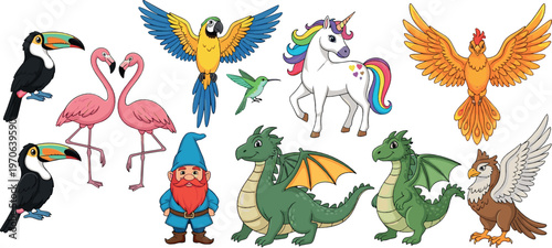 Colorful Cartoon Fantasy Birds, Mythical Creatures, and Gnome Characters Set