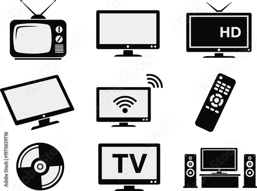 Television entertainment technology device screen remote silhouette icon illustration design, media artwork concept, home theater theme, broadcast symbol graphic image
