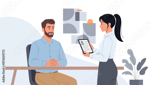 Job Interview: Recruiter Reviews Resume on Tablet with Candidate