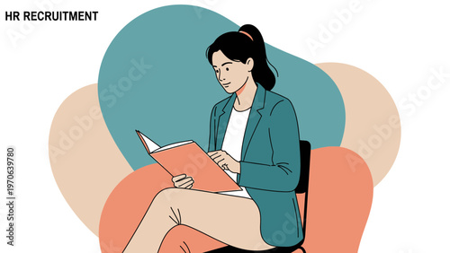 HR Recruitment: Woman reading document, preparing for job interview, modern illustration