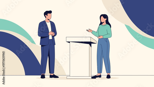Business debate or presentation with two people at a podium, modern abstract background