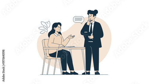 Business meeting: woman at desk talking to man in suit, office illustration