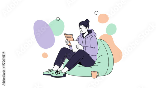 Woman Reading Book on Bean Bag Chair, Cozy Home Study Lifestyle Illustration