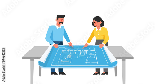 Two professionals collaborate over a detailed architectural blueprint spread across a table in this clean and minimalist vector illustration.
