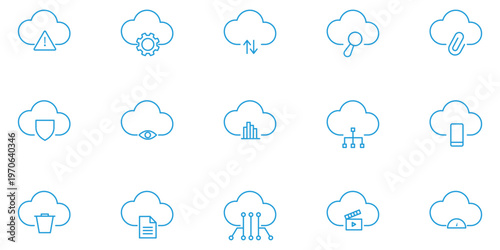 15 Cloud Computing editable stroke outline icons . Modern Cloud Computing and Data Infrastructure Line Icons Set.