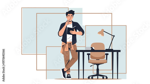 Young man reading a book at a desk, thoughtful, studying, working from home concept