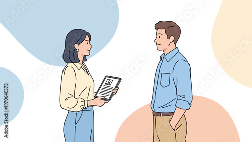 Woman shows resume to man, job interview, professional meeting, hiring process, office background