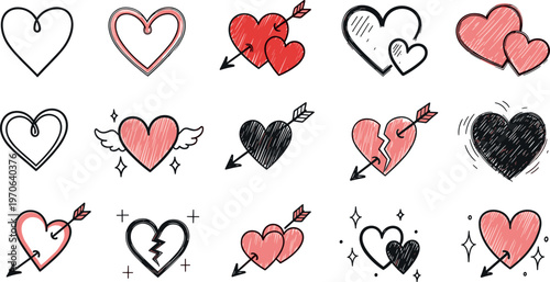 Heart Symbol Vector Set with Arrows, Wings, Broken Hearts and Sketchy Illustrations