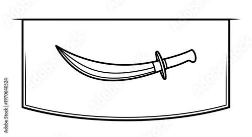 Black and White Illustration of a Curved Sword or Saber on a Banner