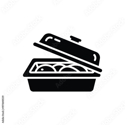 Chafing dish icon vector illustration black silhouette symbol for catering buffet food warming equipment open lid tray with handles professional kitchen accessory design on white backdrop.