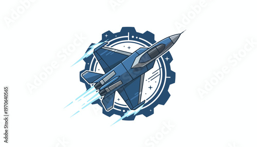 Blue Fighter Jet Soaring with Gear Emblem, Speed and Technology Concept