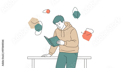 Young man reading a book, sitting on a desk, surrounded by abstract shapes