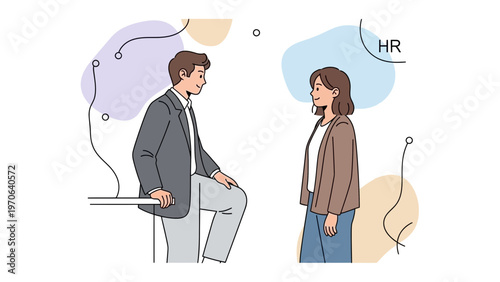 HR professional talking to a male candidate during a job interview, modern illustration