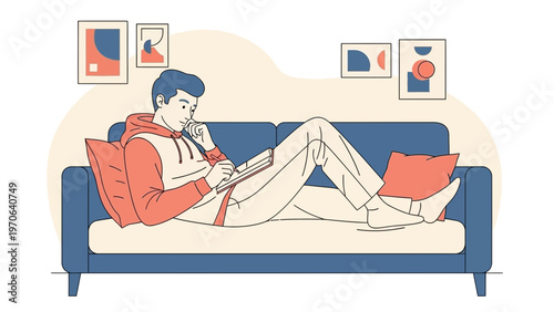 Man Relaxing on Sofa Reading Book, Cozy Home Interior, Modern Illustration Style