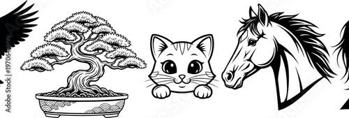 Hand drawn animal and bonsai illustration set featuring cat face, horse head, and tree in black outline style for tattoo, logo, and design use