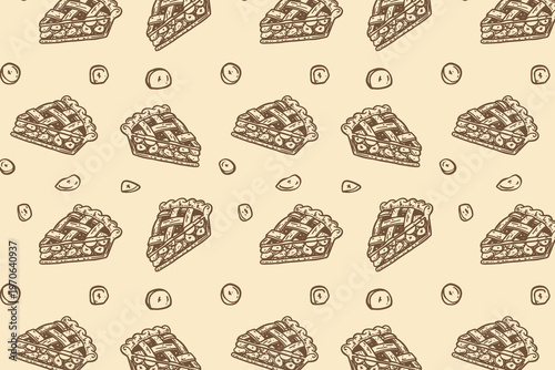 seamless pattern of hand-drawn pie slices. Vintage pastry illustration for autumn designs and cafe branding.