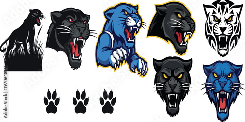 Panther and Tiger Head Logos, Panther Paw Print, and Aggressive Panther Illustration