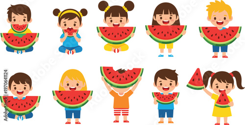 Cute kids eating watermelon set happy children holding fruit slices summer food cartoon vector illustration collection