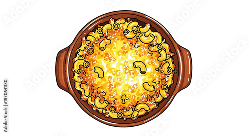 mac and cheese in a brown ceramic baking dish illustration