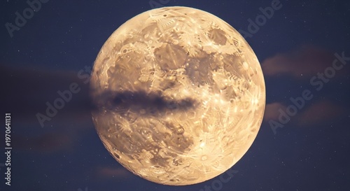 Full pearlescent moon glowing in the night sky partially obscured by gossamer clouds
