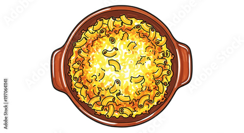 Illustration of a baked macaroni and cheese dish in a ceramic casserole