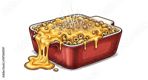 hot cheesy baked casserole with olives illustration