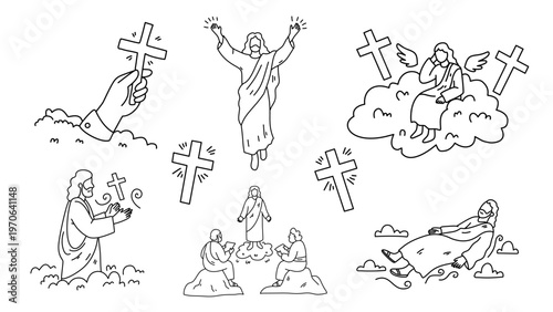 sketches of jesus rising from clouds and hands holding the holy cross