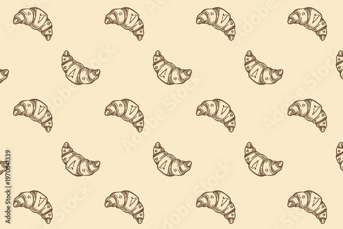 Minimalist seamless croissant pattern. Hand-drawn French pastry sketch for bakery menus, wallpaper, and textile design.