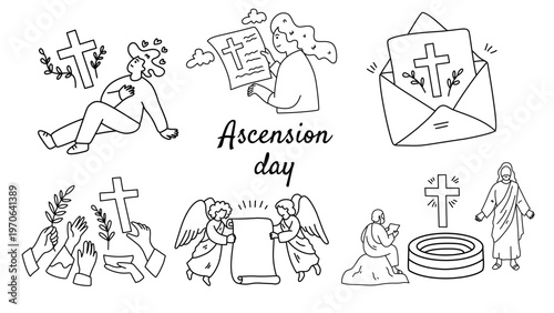 christian symbols of palm leaves angels and jesus sitting on a rock