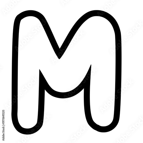 Bold outlined uppercase letter M with rounded edges, minimal cartoon style, black stroke, isolated on white background, clean typography design element.
